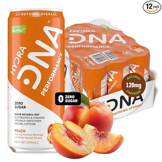 HYDRADNA- Clean Performance Drink, Zero Sugar | For Natural Fuel, Alertness, Boost, Stamina,120 mg Organic Caffeine, Natural Flavors, Zero Sucralose, Clean Ingredients (12 Pack) (12 Pack, Peach)-FlexoryFit