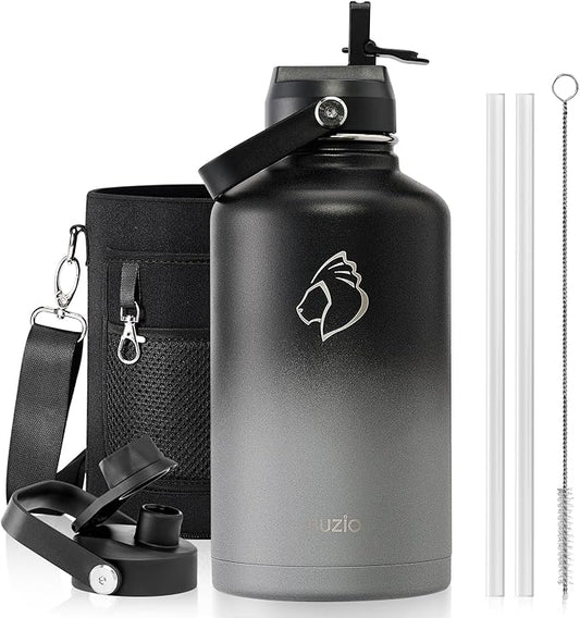 Insulated Water Bottle 64 oz with Straw Lid and Flex Lid, BUZIO 64oz Stainless Steel Water Bottle Half Gallon Jug Flask, Double Wall Vacuum Sports Thermo Mug, Cold Hot Hydro Metal Canteen-FlexoryFit