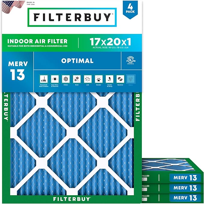 Filterbuy 17x20x1 Air Filter MERV 13 (MPR 1900) Health Defense Replacement (4-Pack), Electrostatic Pleated HVAC AC Furnace Filters, Made in USA (Actual Size: 16.50 x 19.50 x 0.75)