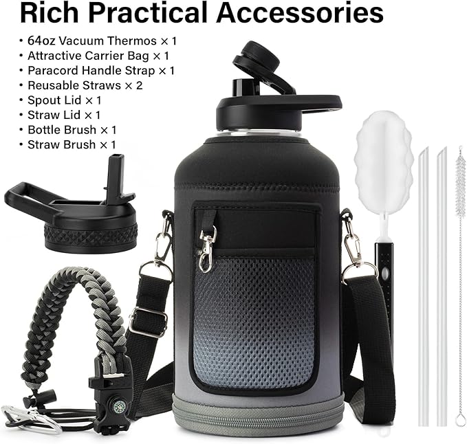 Insulated Water Bottle | Thickened Stainless Steel Vacuum Metal | Portable Sports Half Gallon Large Water Jug for Gym and Hiking with Straw, Carrier Bag, Handle Strap | BPA-Free 64 oz-FlexoryFit