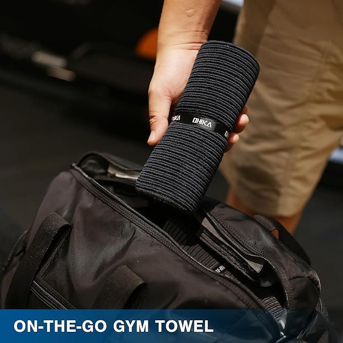 Microfiber Gym Towels with Snap Strap Closure, Ribbed Pattern Sports Towels for Yoga, Home and Outdoor Activities, 27” x 16”, 6 Pack, Black/Grey/Light Blue-FlexoryFit