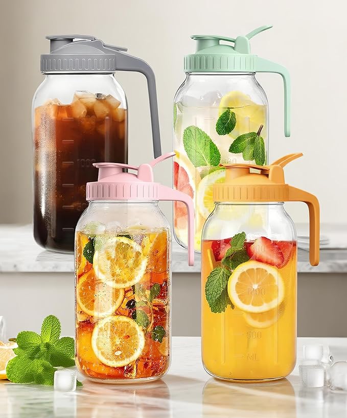 64oz Large Glass Pitcher with Lid & Spout,2 Quart Breastmilk Pitchers Upgraded Leak Proof, for Sun Tea, Iced Juice, Cold Brew Coffee, Breastmilk Storage Container-4PACK(Gray+Pink+Green+Yellow)