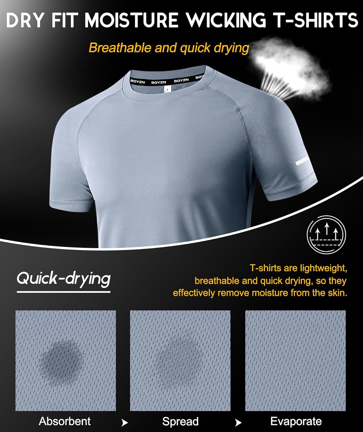 Boyzn 1, 3, 5 or 7 Pack Men's Workout Running Shirts, Dry Fit Moisture Wicking T-Shirt, Gym Athletic Short Sleeve Tee Shirts