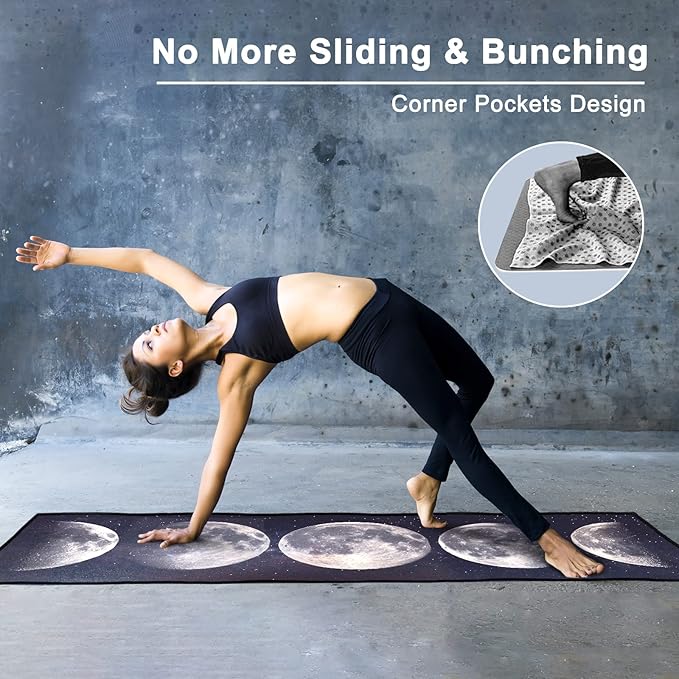 QiyI Yoga Mat Towel with Corner Pockets, Non Slip Sweat Absorbent Hot Yoga Towels, Soft Yoga Blankets with Travel Bag, Skidless Mat Cover for Workout, Gym, Fitness - 74"x26", Moon Cycle-FlexoryFit