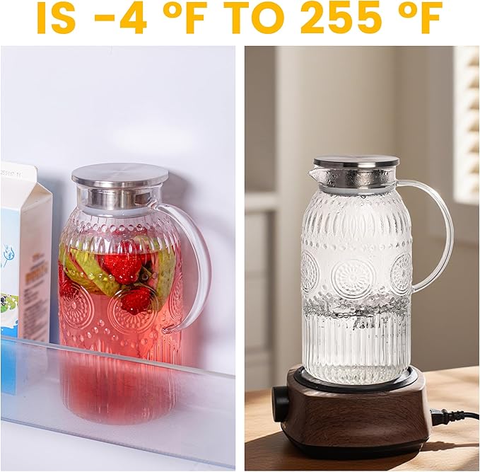 Bandesun Glass Pitcher with Lid, 68 oz/ 2 Liter 2Pack Vintage Water Pitcher,Glass Water Carafe for Cold Brew, Coffee, Lemonade, Iced Tea,Beverage, Heat Resistant Jug