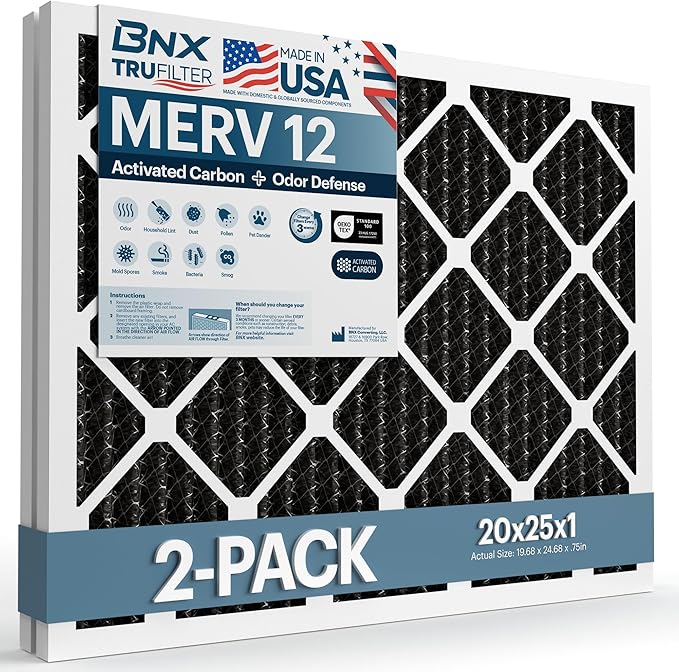 BNX TruFilter 20x25x1 MERV 12 Odor Defense (2-Pack) AC Furnace Air Filter with Activated Carbon - MADE IN USA - Pleated Air Conditioner HVAC AC Furnace Filters - Removes Odor, Mold, Bacteria, Smoke