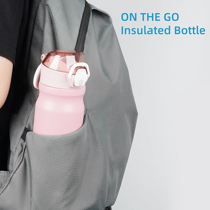 Insulated Water Bottle with Straw and Carry Loop,18 oz Stainless Steel Double Wall Vaccum Metal Water Flask with Leak-proof Lid,Pink-FlexoryFit