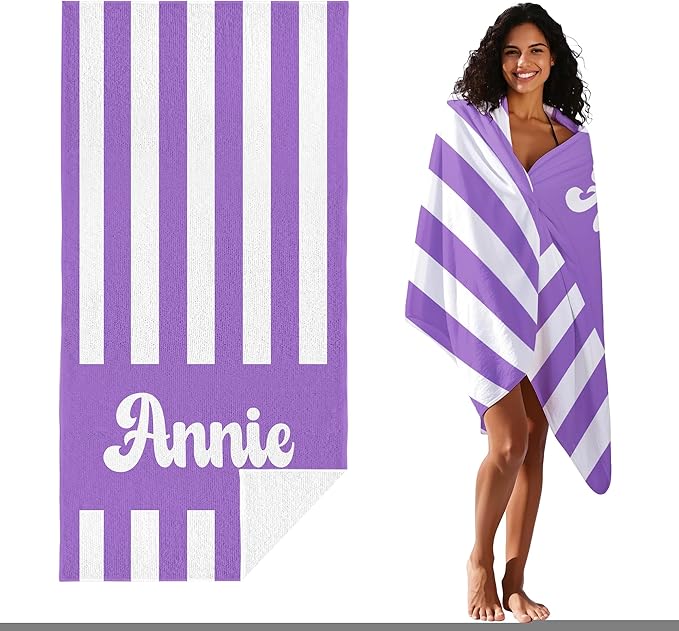 JML Personalized Beach Towel with Name, Custom Cabana Stripe Beach Towel, Customized Microfiber Pool Towel, Quick Dry & Absorbent Swim Towel for Adult,Mother's Day, Birthday, Summer Holiday,Vacation-FlexoryFit