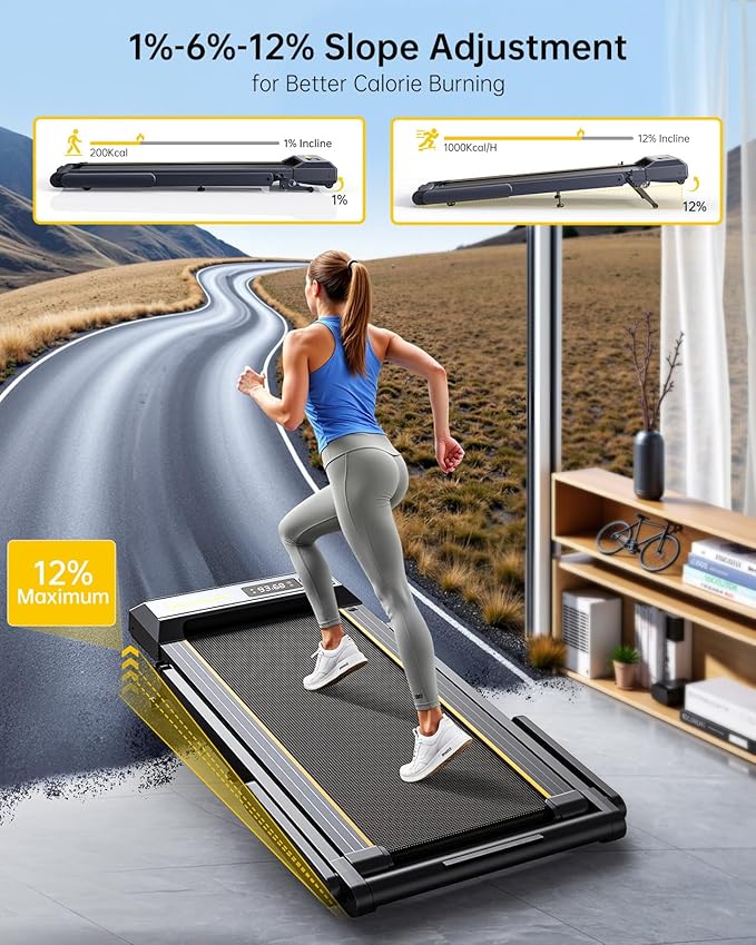 Walking Pad Treadmill with 12% Incline, 4 in 1 Folding Treadmill for Home/Office with Handle Bar, 2.5HP Under Desk Treadmills Portable Walking Pad with App & Bluetooth Speaker, 0.6-10MPH-FlexoryFit