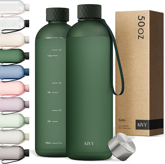 KIVY Large Water Bottle 50oz [Lightweight & Shatterproof] Fits Backpack & Cupholder for Travel, Sports, School - Dark Green water bottle no straw - 1.5 Liter water bottles - 50oz Water bottle-FlexoryFit