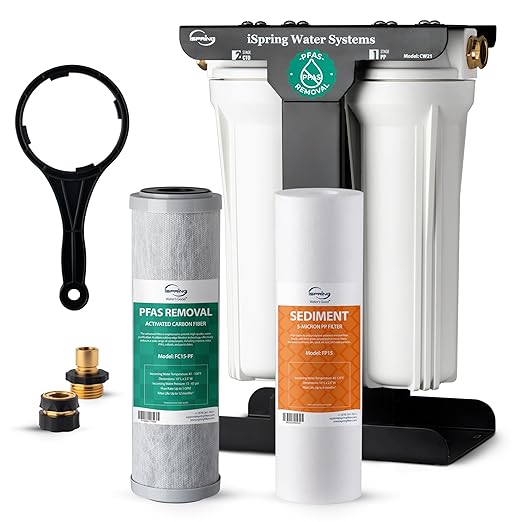 iSpring CW21-PF 2-Stage RV Water Filtration System, SGS-Tested PFAS Removal, High-Capacity Tankless Design, Durable 3/4" Lead-Free Brass Connectors for RV Campers