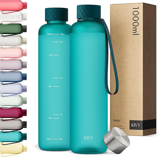 KIVY Slim Water Bottle 32oz [Lightweight & Shatterproof] Fits Backpack & Cupholder for Travel, Sports, School, Gym - Teal green water bottle no straw - Gym water bottle screw top - Dishwasher Safe-FlexoryFit
