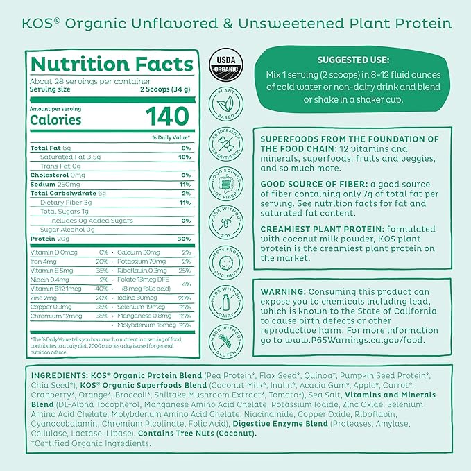 KOS Vegan Protein Powder, Unflavored & Unsweetened - Low Carb Pea Protein Blend, Organic Superfood Rich in Vitamins & Minerals - Keto, Soy, Dairy Free - Meal Replacement for Women & Men - 28 Servings-FlexoryFit