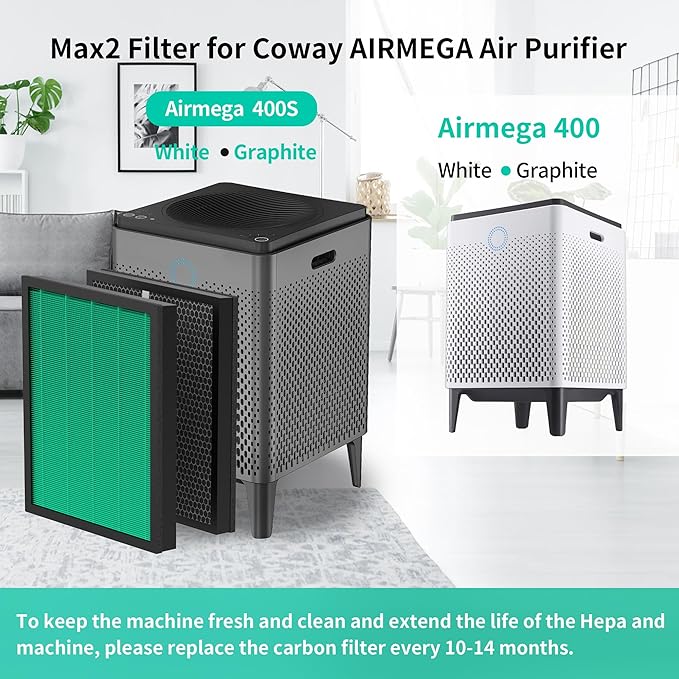 400/400S Replacement Filter for Coway AIRMEGA Max2 400 400S 400(G) 400S(G) Air Purifier, Max2 Green True HEPA and Active Carbon Filter Set, AP-2015-FP, 4PACK