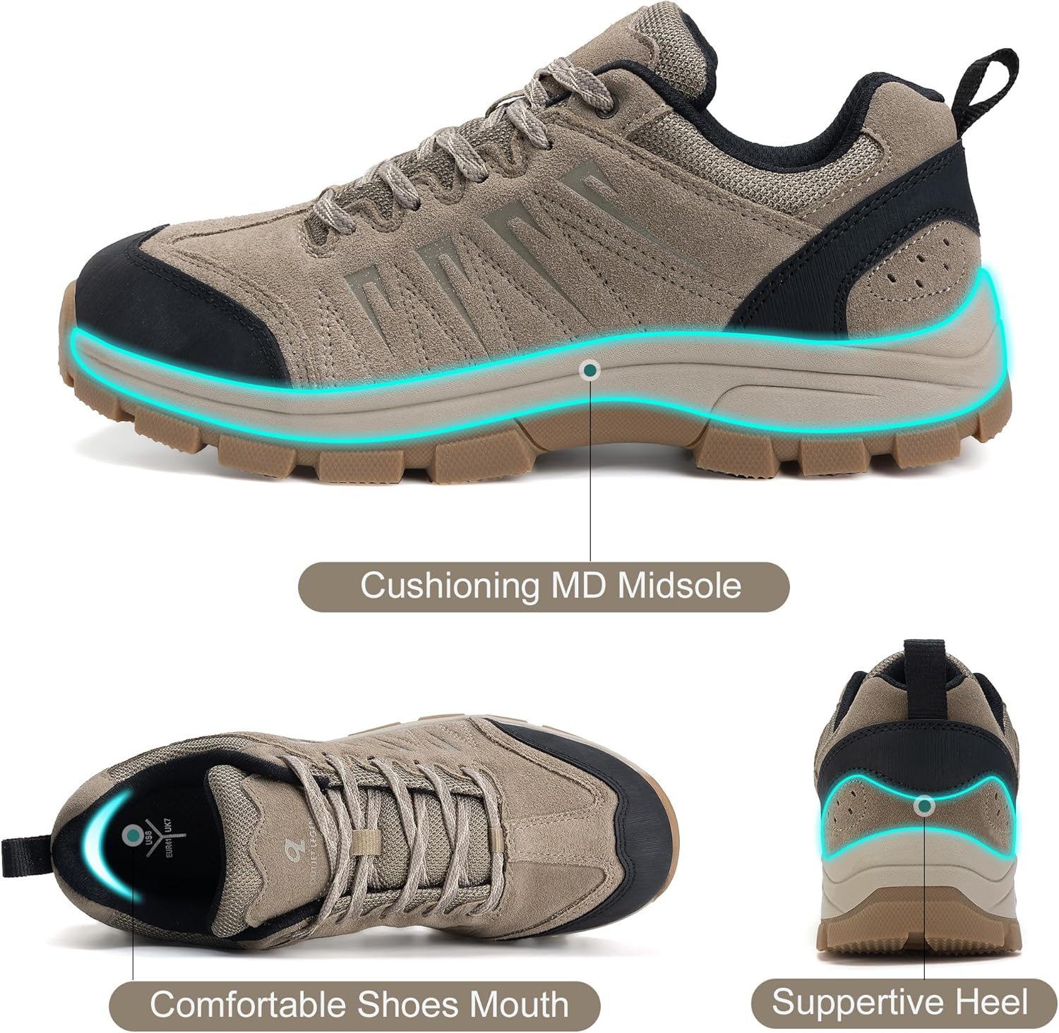 OL OUTJET LEGEND Men's Waterproof Hiking Shoes Leather Comfortable Lightweight Anti-Slip Outdoor Walking Work Sneakers