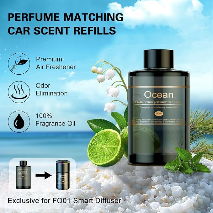 Car Air Freshener Refill for Men & Women 6.09 FL OZ /180ML-9 Month Ocean Scent Essential Oil Perfume, Essential Oil Made of Natural Plant Extracts, Compatible with Car Diffusers for Home/Office