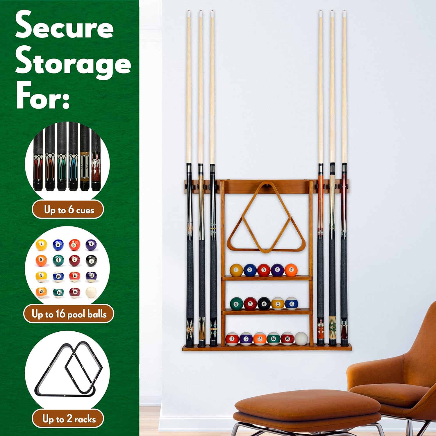 Iszy Billiards Pool Cue Rack - Billiard Pool Stick and Ball Holder Only - 100% Wood Wall Mount Holds 6 Cues and 16 Balls - Pool Table Accessories, Oak