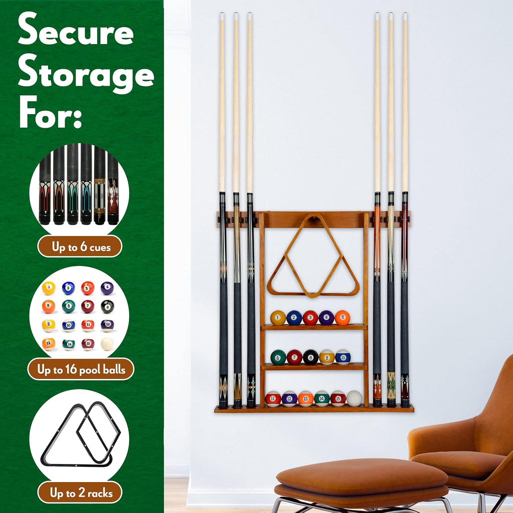 Iszy Billiards Pool Cue Rack - Billiard Pool Stick and Ball Holder Only - 100% Wood Wall Mount Holds 6 Cues and 16 Balls - Pool Table Accessories, Mahogany