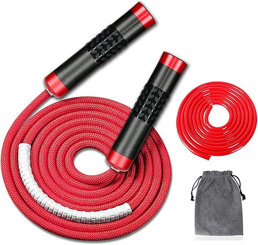 Redify Weighted Jump Rope for Workout Fitness(1LB), Tangle-Free Ball Bearing Rapid Speed Skipping Rope for MMA Boxing Weight-loss,Aluminum Handle Adjustable Length 9MM Fabric Cotton+9MM Solid PVC Rope-FlexoryFit