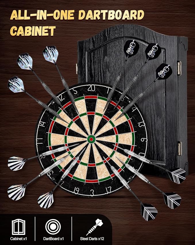 Sisal Dart Board Cabinet Sets, Decorative Dart Boards for Adults [6*Steel Darts] - Wooden Dartboard Cabinet with Integrated Scoreboard for Family Game Rooms