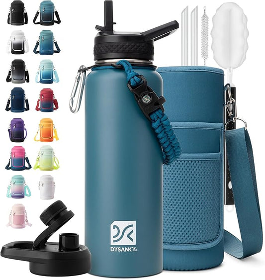 Insulated Water Bottle | Thickened Stainless Steel Vacuum Metal | Portable Sports Water Jug for Gym and Hiking with Straw, Carrier Bag, Handle Strap | BPA-Free 40 oz-FlexoryFit