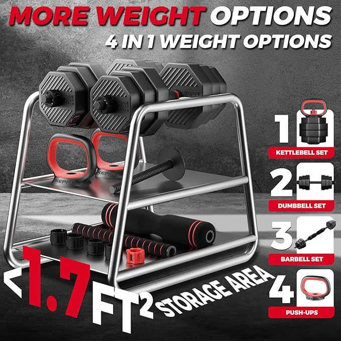 KeppiFitness Adjustable Dumbbell Set, 30/40/50/70/90 lb Weight Set with Connector Bar, 4 in 1 Workout Gear with Dumbbell, Kettlebell, Barbell, Push up Handle for Home Gym Fitness Exercise-FlexoryFit
