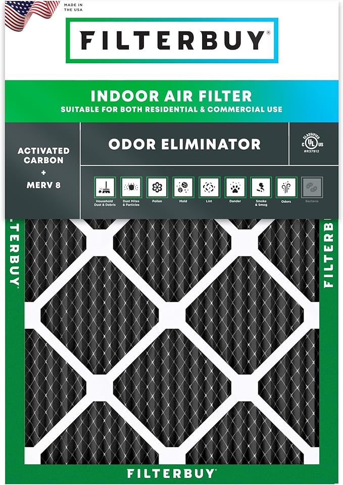 Filterbuy 20x25x1 Air Filter MERV 8 Odor Eliminator (1-Pack), Pleated HVAC AC Furnace Air Filters Replacement with Activated Carbon (Actual Size: 19.50 x 24.50 x 0.75 Inches)