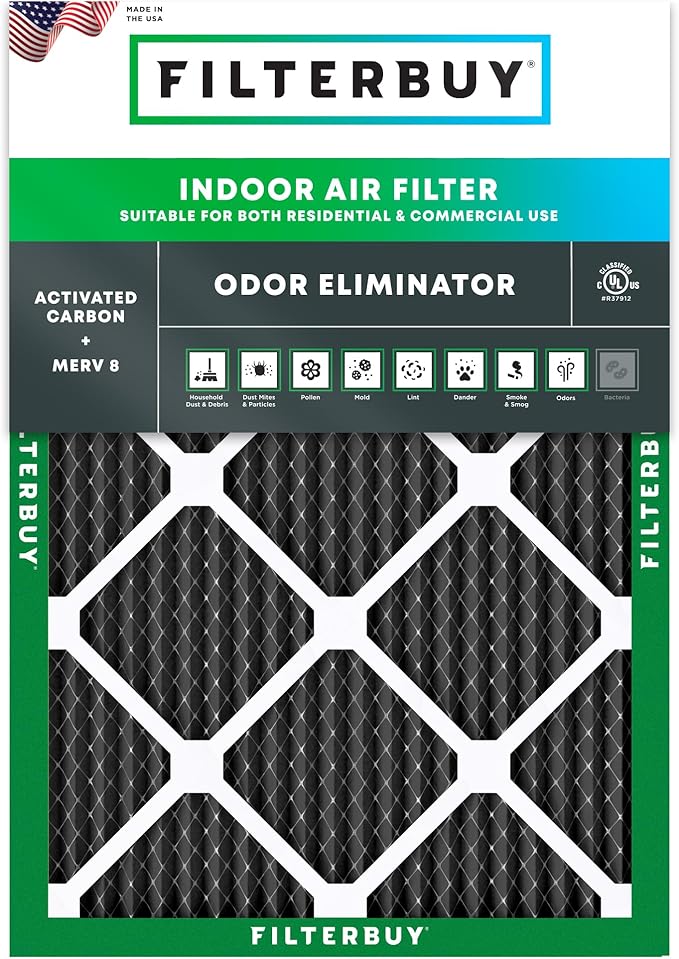Filterbuy 16x20x1 Air Filter MERV 8 Odor Eliminator (1-Pack), Pleated HVAC AC Furnace Air Filters Replacement with Activated Carbon (Actual Size: 15.50 x 19.50 x 0.75 Inches)