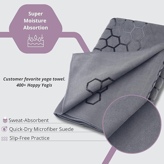 Clever Yoga Non-Slip Hot Yoga Towel – Non-Slip Grip for Hot Yoga, Sweat Absorbent, Honeycomb Silicone Grip, Stays Flat – Ideal for Pilates, Travel, Washable & Lightweight - Gray-FlexoryFit