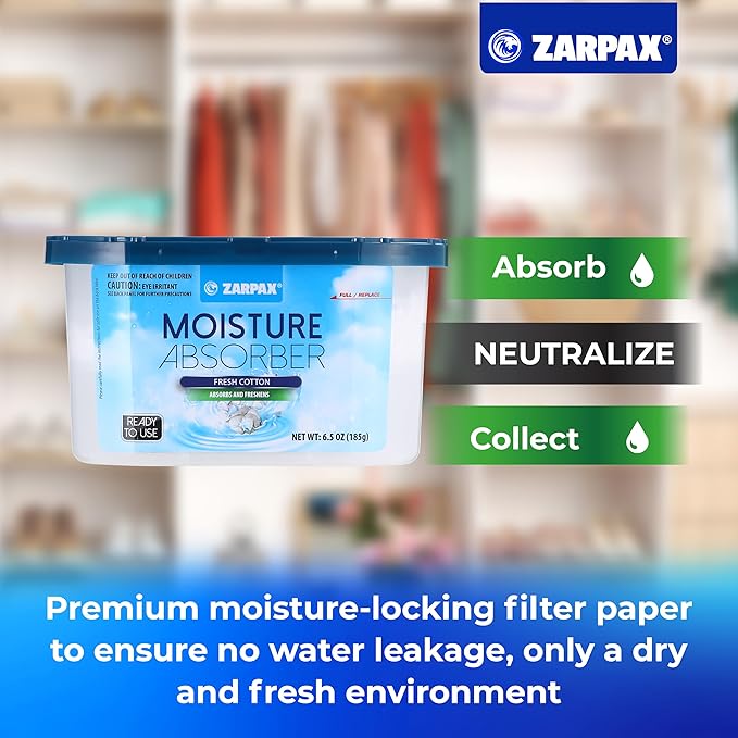 Moisture Absorber Fresh Cotton 6.5 oz/185g | Removes Moisture, Damp & Humidity | Odor Absorber With Fresh Cotton Fragrance | Moisture Trap for Bathroom, Closet, Kitchen | Set of 15