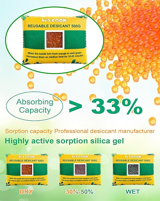 Rechargeable Desiccant Pack 2 x 500g, Moisture Absorber with Transparent Indicator Window, Silica Gel Desiccant Dehumidifier for Closet, Basement, Gun Safe, RV,Garage & Storage