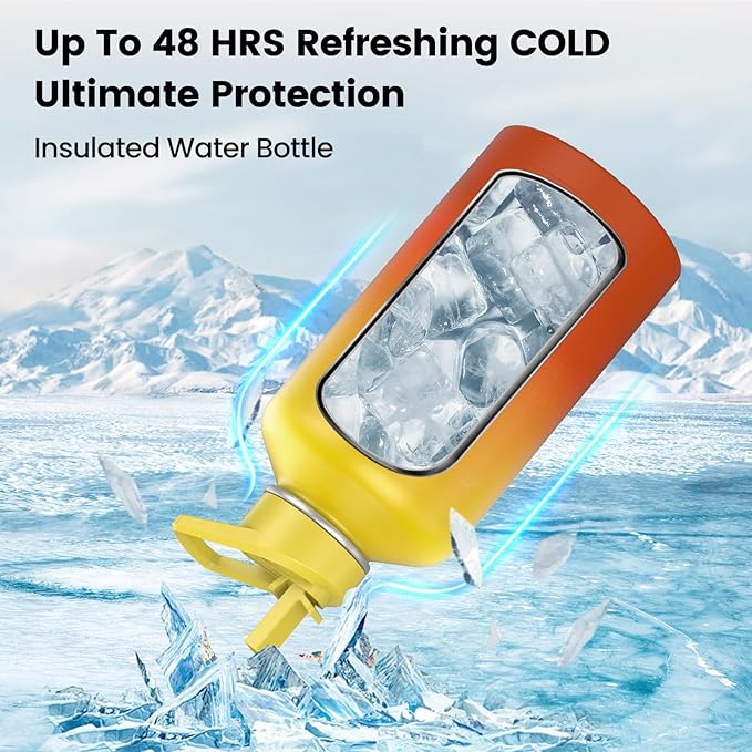 Insulated Water Bottle 87 oz, Triple Wall Vacuum Stainless Steel(Cold for 48 Hrs),Leak Proof & BPA-Free,One Gallon Water Bottle with Reflective Paracord & Flip Straw for Sports & Travel, Sunset-FlexoryFit