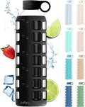 purifyou 40oz / 32oz / 22oz / 12oz Borosilicate Glass Water Bottle with Time & Volume Markers, Silicone Sleeve, Stainless Steel Lid | Reusable Glass Bottle for Water & Juice (32oz Jet Black)