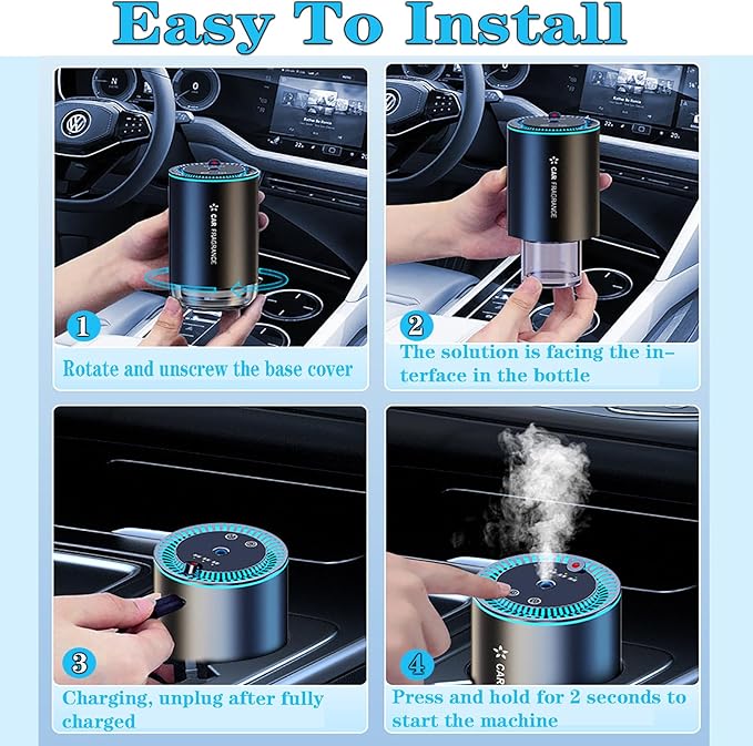 YUENTOEN Car Diffuser, Smart Car Air Freshener, USB Rechargeable Mini Portable Diffuser with 7 LED Color Changing Light and Auto-Off Safety Switch for Car Home Office Bedroom(No Perfume Included)