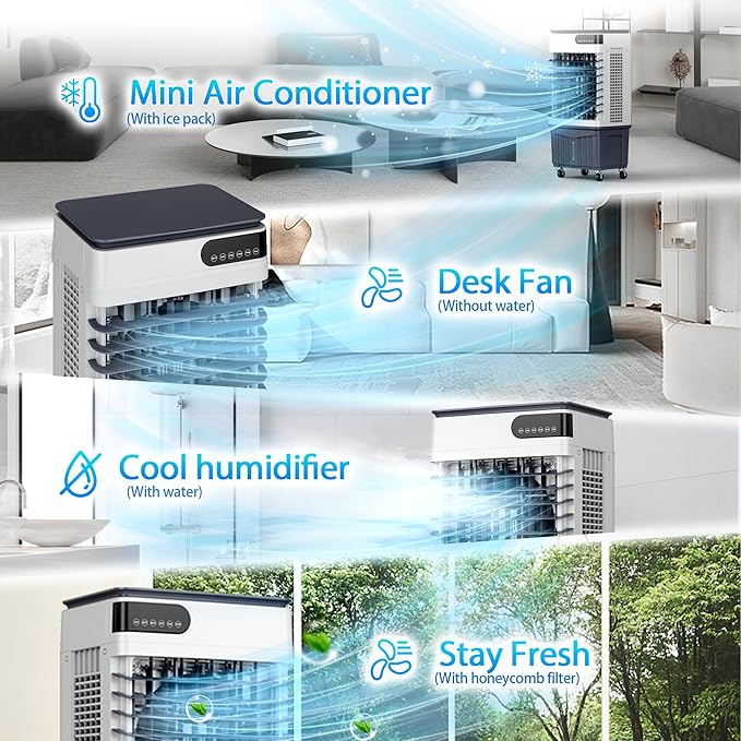 Swamp Cooler Air Conditioners, Large 8.3-Gal Tank for 7d Cooling, 4-IN-1 Portable Evaporative Cooler with LED Touch Screen, 3 Fan Speeds,12H Timer and Remote, 600 sq ft, Ideal for Large Rooms