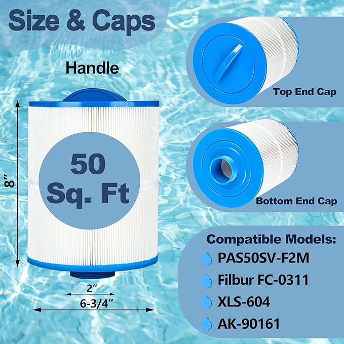Hot Tub Spa Filter Replacement Cartridge 2 Pack Replace Artesian Spas, Tidal Fit Swim 06-0006-12, 06-0005-12, AR50, AK-90161, XLS-604, 6CH-502, PAS50SV-F2M, FC-0311, 50 Sq.ft.