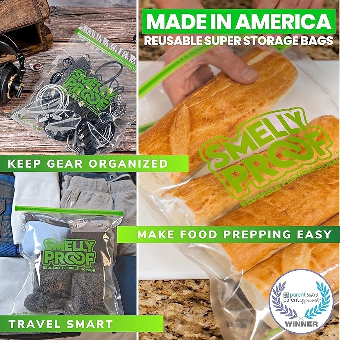 Reusable Storage Bags for Food by Smelly Proof Bags - MADE IN USA, Easy Clean, Dishwasher-Safe, BPA FREE, NO PEVA, XXL 3-mil 2-Gallon Thick Bags, Extra Large Clear FLAT 12" x 16" 15-Pack