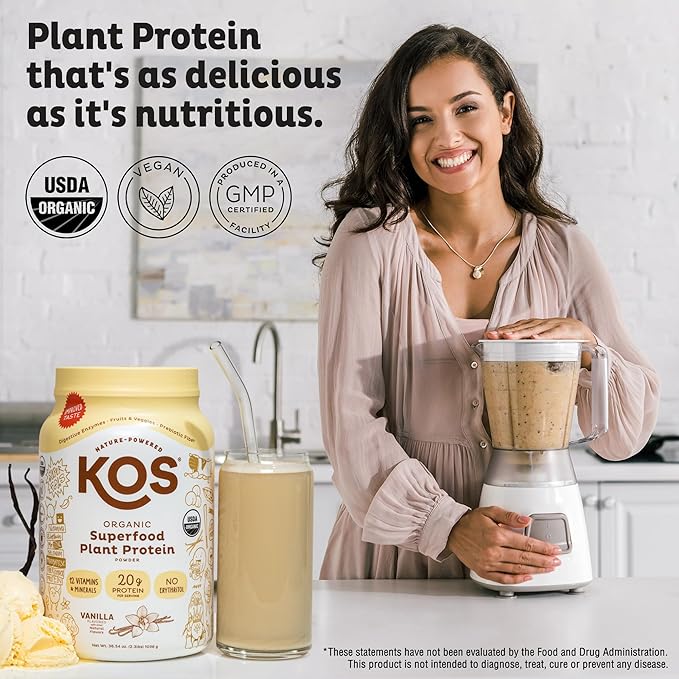 KOS Vegan Protein Powder Erythritol Free, Vanilla USDA Organic - Pea Protein Blend, Plant Based Superfood Rich in Vitamins & Minerals - Keto, Dairy Free - Meal Replacement for Women & Men, 28 Servings-FlexoryFit