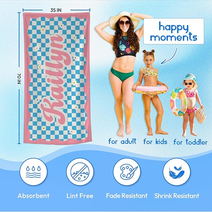 JML Personalized Beach Towel with Name, Custom Flower Beach Towel, Customized Microfiber Pool Towel, Quick Dry & Absorbent Swim Towel for Adult,Mother's Day, Birthday, Summer Holiday,Vacation-FlexoryFit