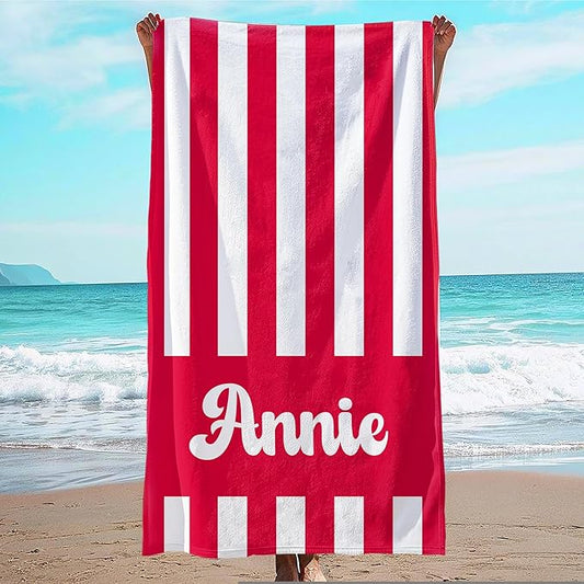 JML Personalized Beach Towel with Name, Custom Cabana Stripe Beach Towel, Customized Microfiber Pool Towel, Quick Dry & Absorbent Swim Towel for Adult,Mother's Day, Birthday, Summer Holiday,Vacation-FlexoryFit