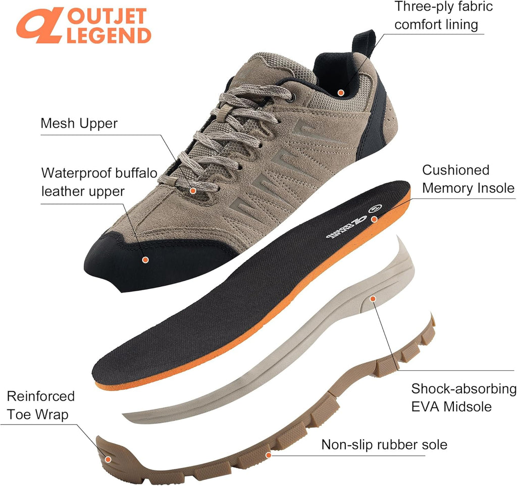 OL OUTJET LEGEND Men's Waterproof Hiking Shoes Leather Comfortable Lightweight Anti-Slip Outdoor Walking Work Sneakers