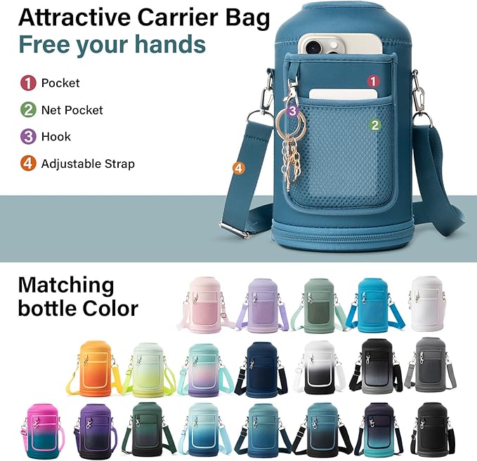 Insulated Water Bottle | Thickened Stainless Steel Vacuum Metal | Portable Sports Half Gallon Large Water Jug for Gym and Hiking with Straw, Carrier Bag, Handle Strap | BPA-Free 64 oz-FlexoryFit