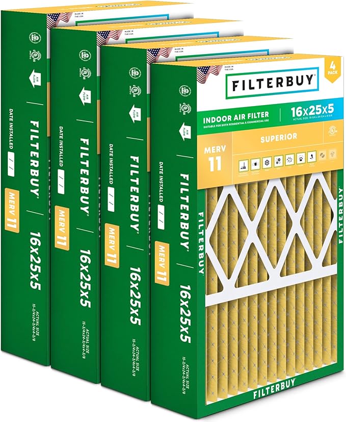 Filterbuy 16x25x5 Air Filter MERV 11 (MPR 1200) Allergen Defense (4-Pack), Pleated HVAC AC Furnace Filters for Honeywell FC100A1029, Lennox X6670, Carrier, & More (Actual Size: 15.75 x 24.75 x 4.38)
