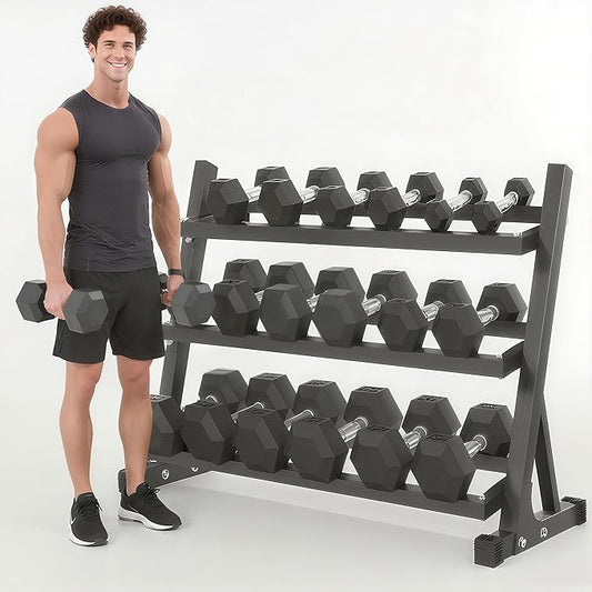 Ritafer 6-10 Pair Hex Rubber Dumbbell Set 350/450 and 550 lbsï¼?-50 lbs ）Hand Free Weight for Strength Coated Encased Iron Weights with Dumbbells Storage Rack Home Gym-FlexoryFit