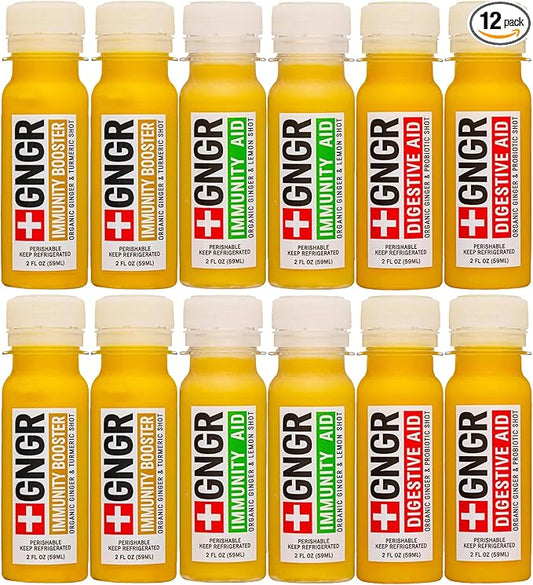 '+GNGR Immunity Sampler Organic Ginger Wellness Shots - Premium Ginger Shots for All Natural Digestive Support and Immune Support - Cold Pressed Ginger Juice - Nothing Artificial (2 Oz, Pack of 12)-FlexoryFit