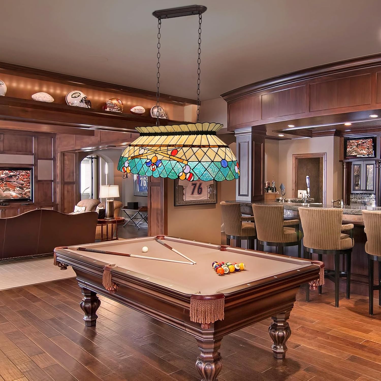 Capulina Tiffany Pool Table Light Pendant Light Fixture 3 Light Amber Green Style Stained Glass Chandelier for Billiard Room Kitchen Island Dining Room