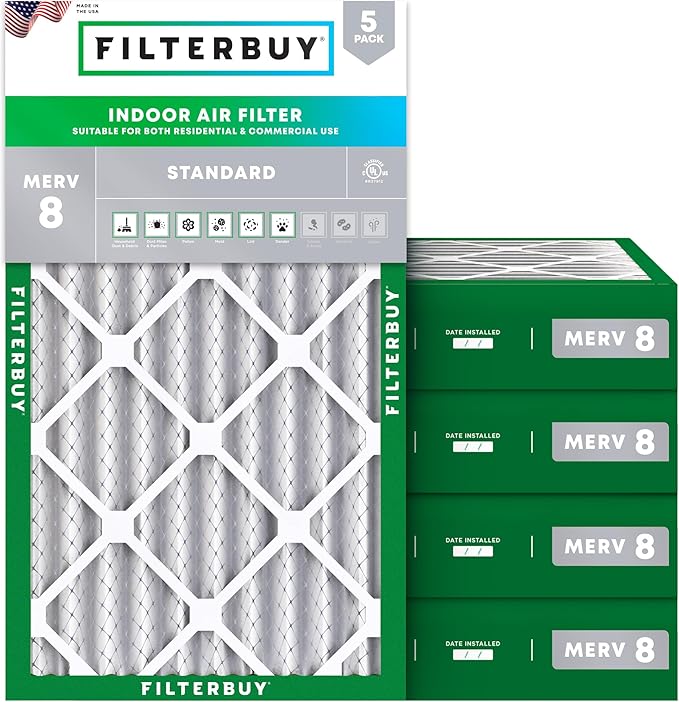 Filterbuy 16x24x4 Air Filter MERV 8 (MPR 700) Dust Defense Replacement (5-Pack), Electrostatic Pleated HVAC AC Furnace Filters, Made in USA (Actual Size: 15.38 x 23.38 x 3.63)