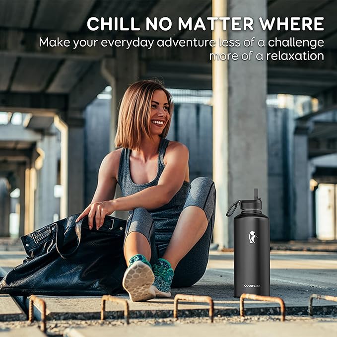Insulated Water Bottle 87 oz with Straw, Coolflask 2/3 Gallon Stainless Steel Metal 3 Lids Large Water Jug for Sports or Office, Non-BPA Keep Cold Up to 48 Hrs or Hot Up to 24 Hrs, Magic Black-FlexoryFit