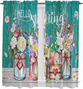 Spring Flowers Kitchen Curtains, Farmhouse Watercolor Teal Wood Grain Light by Unknown