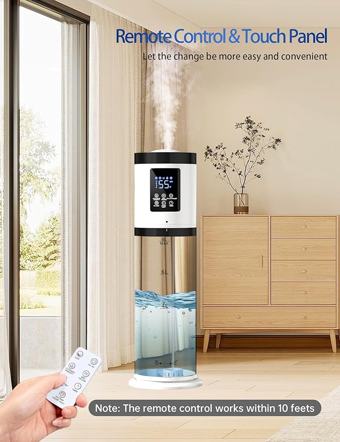 8L Humidifier for Large Room Bedroom with Transparent Water Tank, Last 48 Hours Suitable for Indoor Plant, Cover up to 500ft², Cool Mist Humidifier with 7-color Ambient Light, Top Fill, Quiet, Home